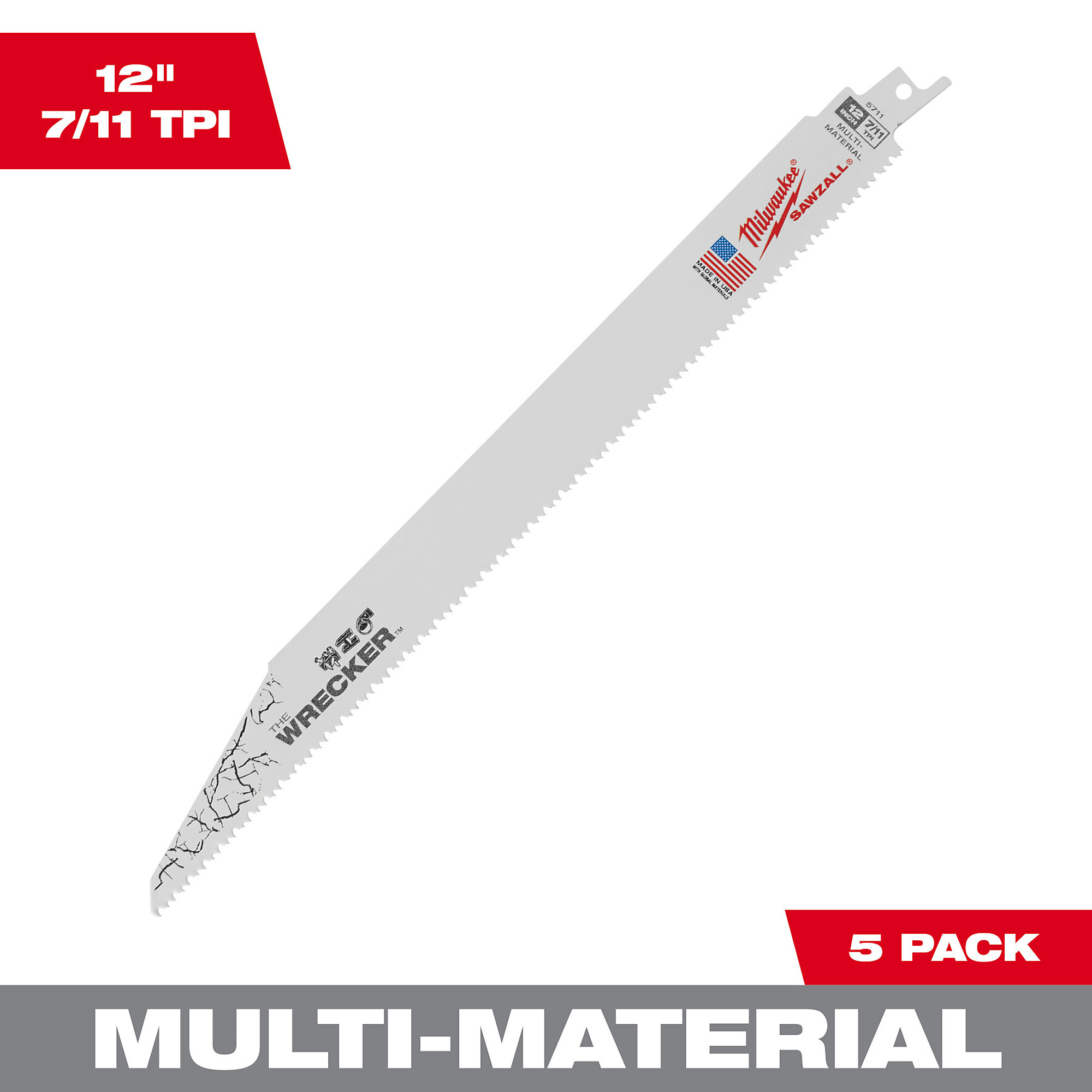 Milwaukee 12" 7/11 TPI WRECKER™ SAWZALL® Blade for Multi-Material (5 PK), Model# 48-00-5711